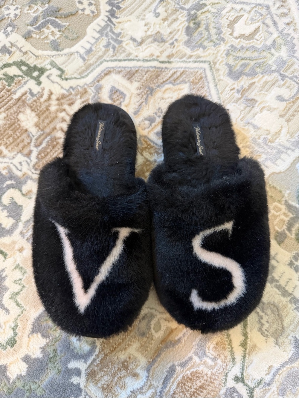 Victoria's Secret Black Faux Fur Slip-On Slippers with Light Logo Accents